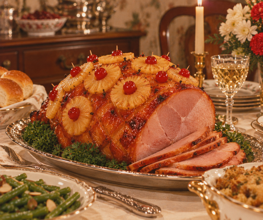 A glazed ham garnished with pineapple rings and cherries is sliced on a platter, surrounded by parsley. The table includes green beans, stuffing, rolls, a candle, flowers, and a glass of white wine.