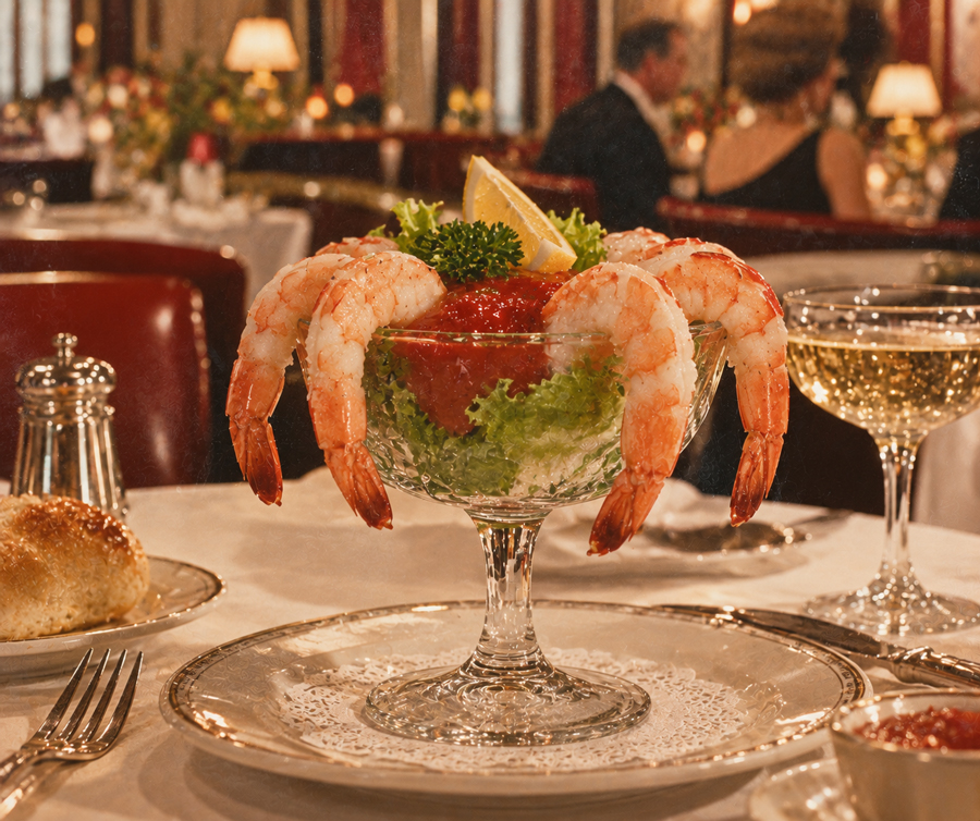 A glass dish of shrimp cocktail with lettuce, cocktail sauce, parsley, and a lemon wedge sits on a fancy table. Wine, bread, and elegant table settings are in the background of a restaurant.