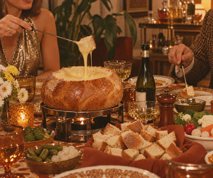 A cozy dinner scene with people dipping bread into a cheese fondue served in a bread bowl. The table is set with wine, vegetables, flowers, and various dishes, creating a warm, festive atmosphere.
