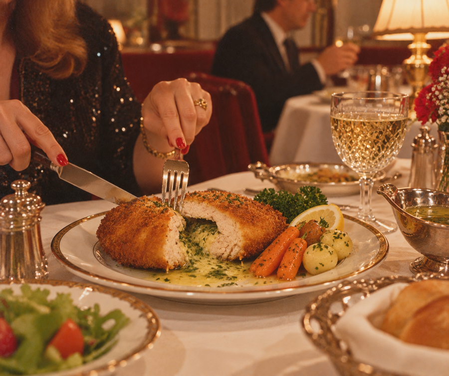 A person in formal attire cuts into a breaded chicken dish stuffed with herbs, served with carrots, potatoes, greens, and a glass of white wine at an elegant restaurant table.