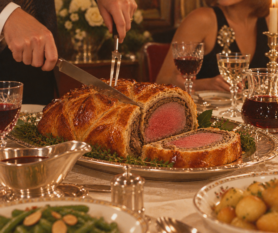 A person slices into a golden-brown beef Wellington on a silver platter at an elegant dinner table, surrounded by wine glasses, roasted potatoes, and green beans.