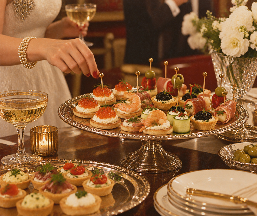 A hand selects an appetizer from a silver tray filled with assorted canapés at an elegant event. Champagne, flowers, and more appetizers are arranged on a polished table with plates and candles.