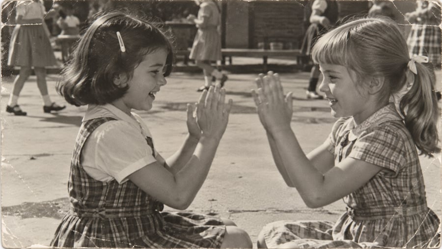 Two young girls sit facing each other playing a hand-clapping game outside. Both smile, wearing plaid dresses. Other children play in the background. The photo is black and white and appears vintage.