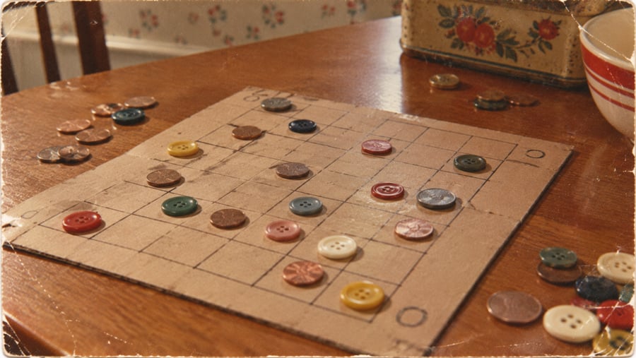 A homemade board game with a grid drawn on cardboard, using colorful buttons as playing pieces, sits on a wooden table with a tin box and bowl nearby.