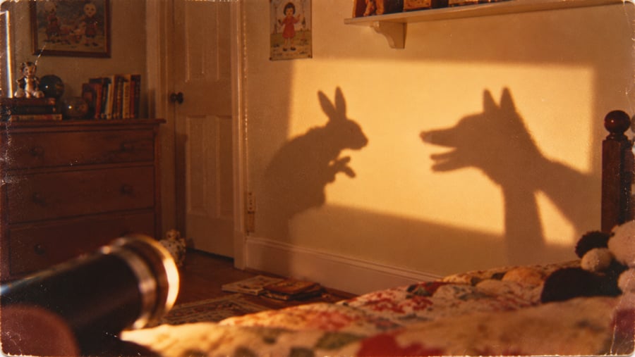 A cozy bedroom with shadows of a rabbit and a dog made by hands on the wall, created using a flashlight.