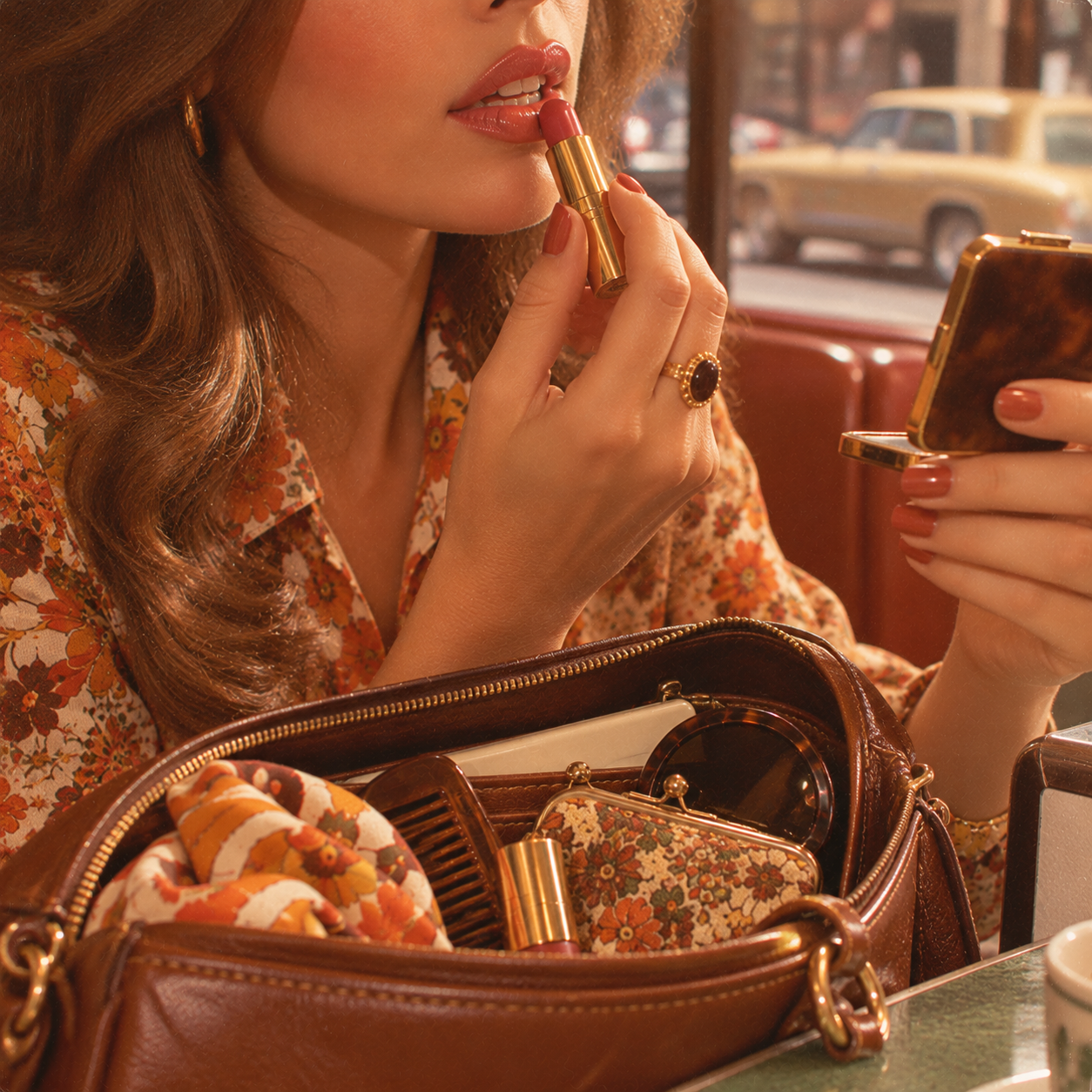 A woman applies lipstick while looking in a compact mirror. Her brown handbag, floral scarf, and matching wallet are on the table. A yellow vintage car is visible through the window outside.