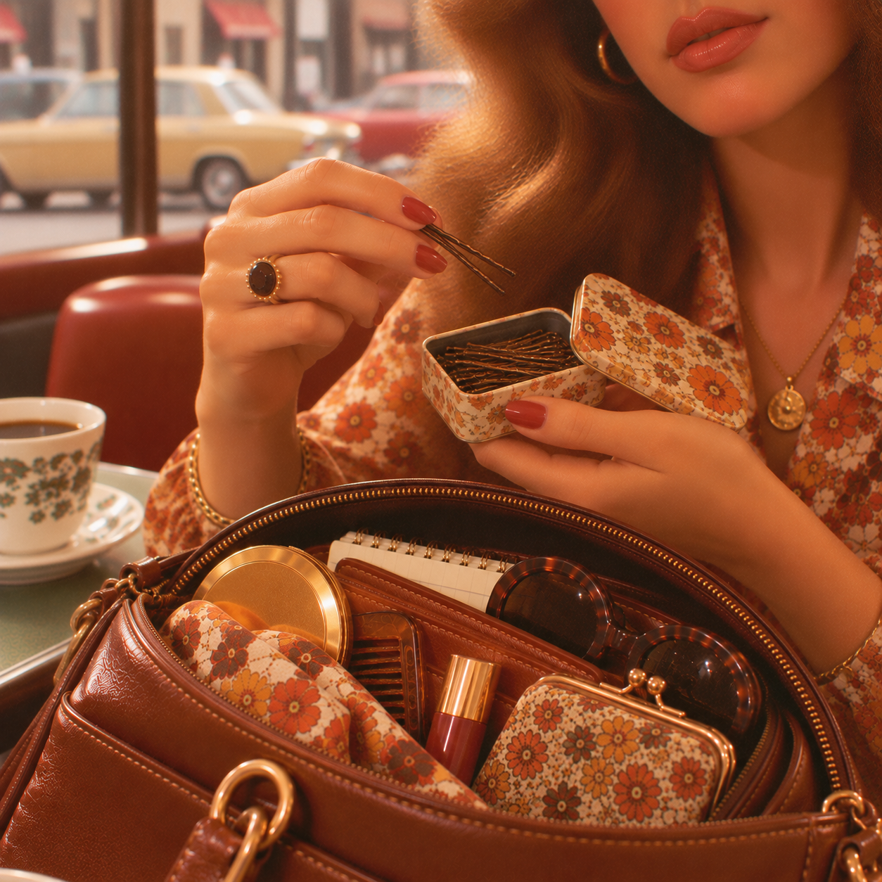 A woman with red nails sits at a café table, taking bobby pins from a floral tin. Her open purse reveals a matching coin purse, sunglasses, notepad, and makeup items. A cup of coffee and vintage cars are in the background.
