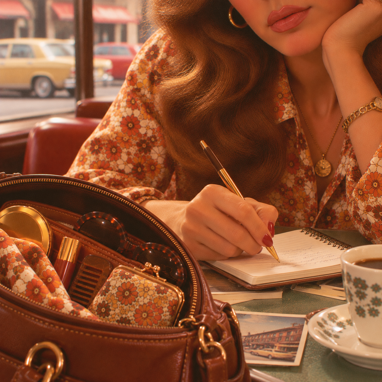 A woman in a floral shirt writes in a notebook at a café table. Her open bag holds makeup, a wallet, and postcards. There’s a cup of coffee nearby, and vintage cars are visible through the window in the background.