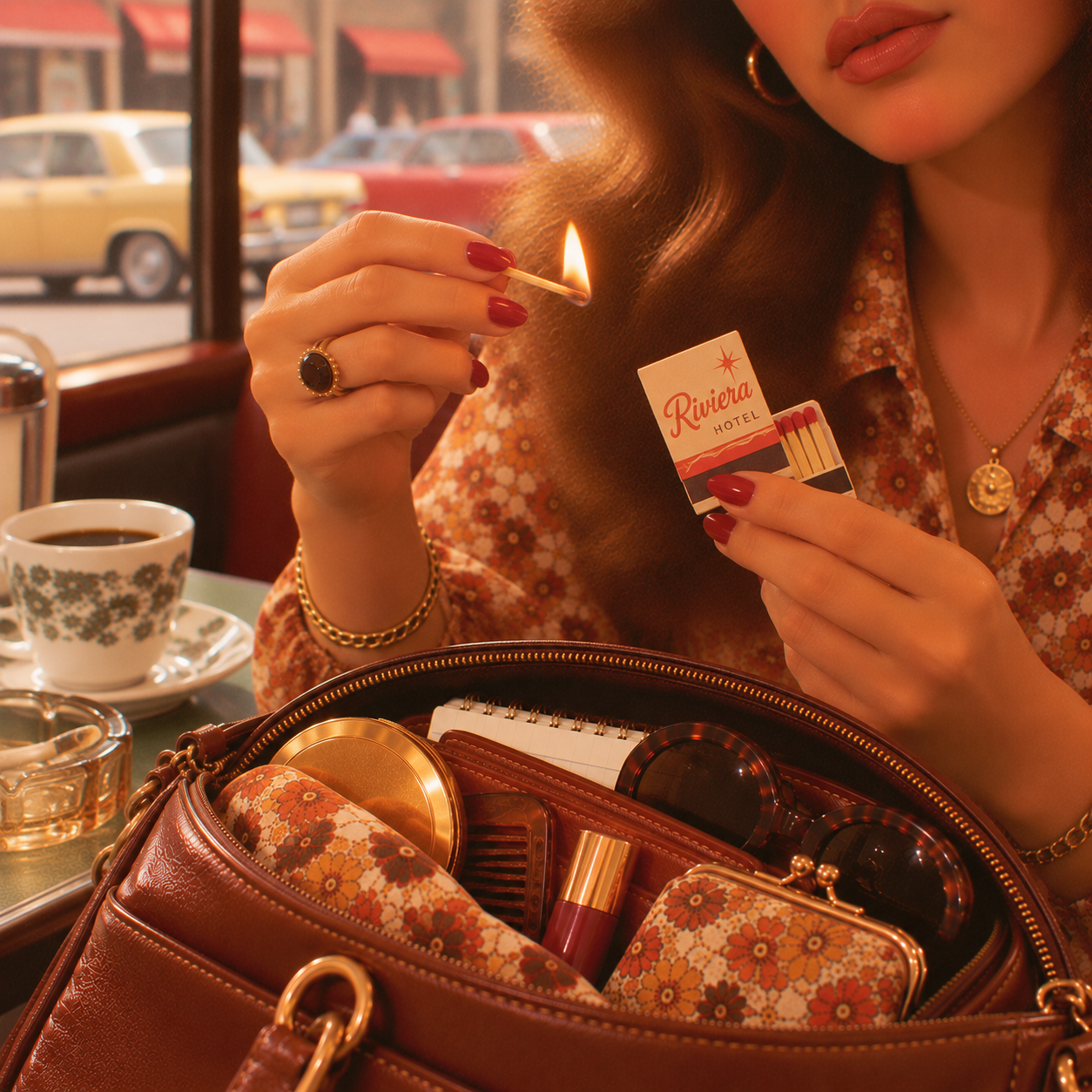 A woman lights a Riviera Hotel matchbook in a vintage cafe, her open purse showing floral accessories, sunglasses, lipstick, and a notepad. A coffee cup and street view with yellow cars are in the background.