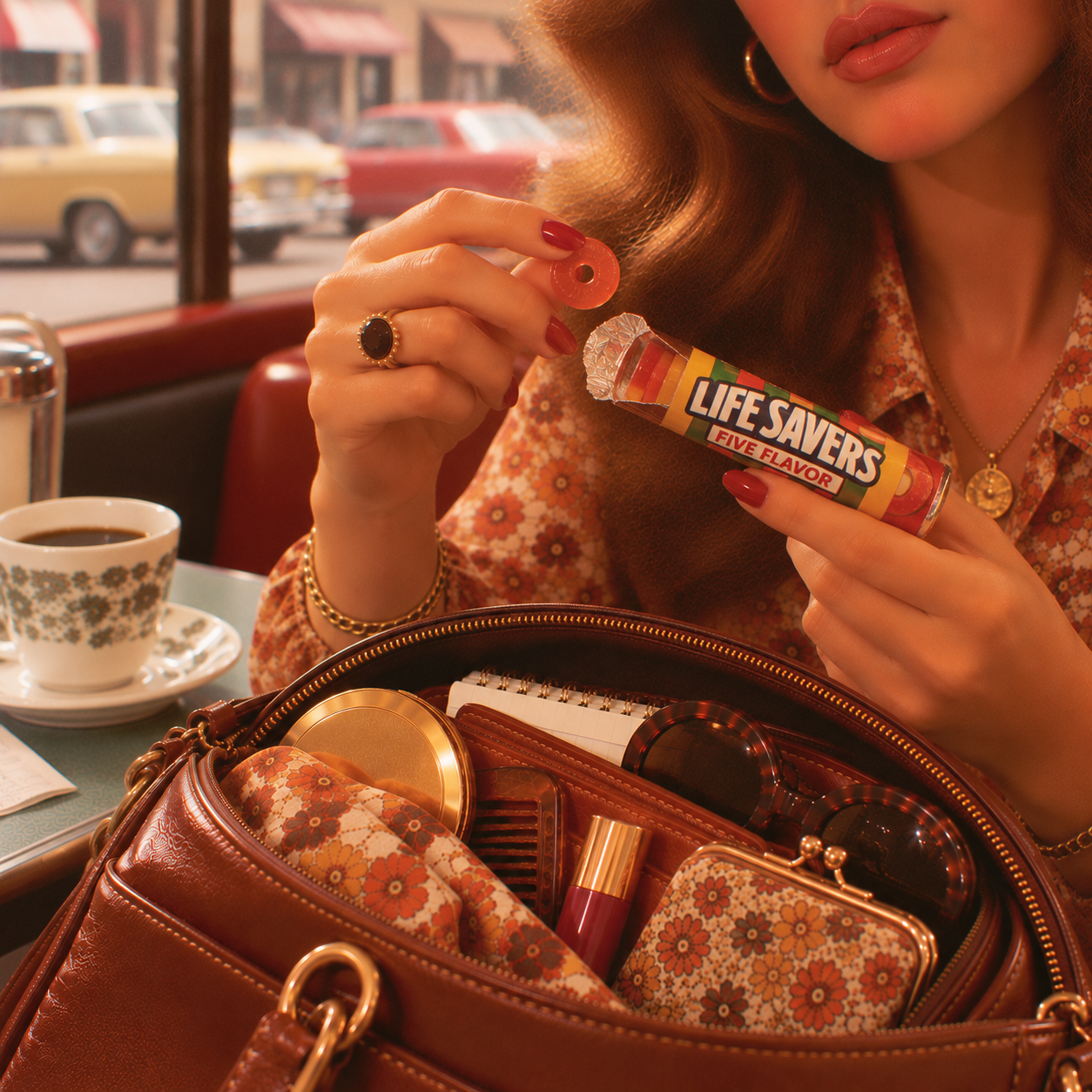 A woman in a vintage diner holds a LIFE SAVERS candy near her lips, with a brown purse open showing patterned fabric, lipstick, and sunglasses. A cup of coffee sits on the table. The scene has a retro 1970s vibe.