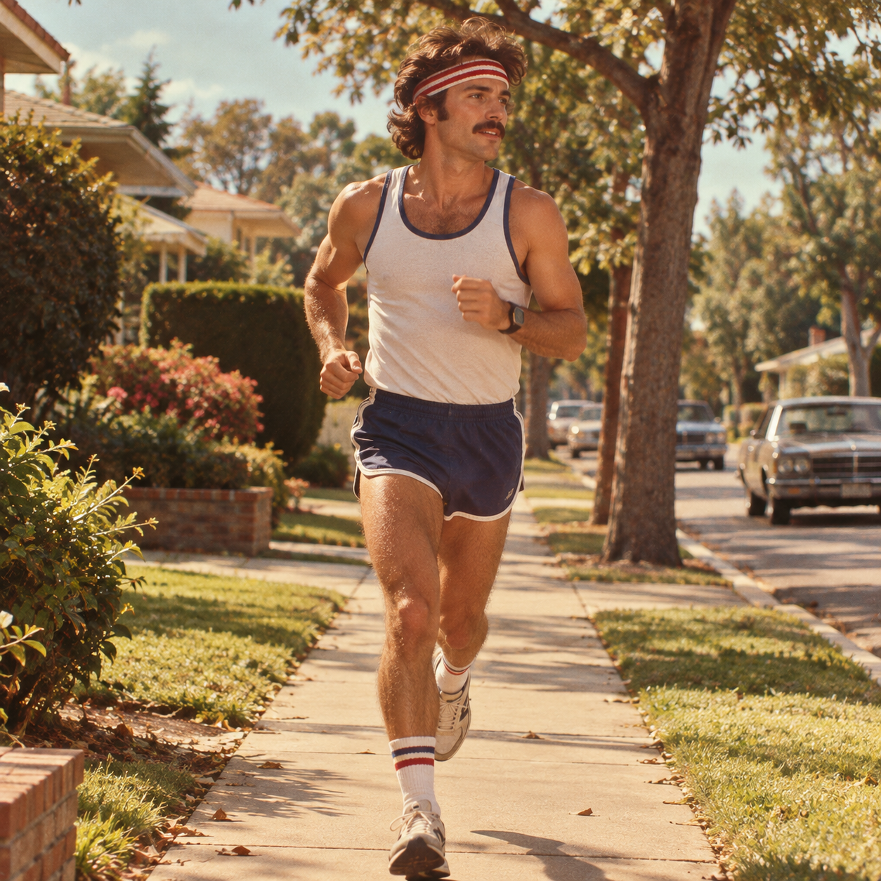 A man with a mustache, wearing a headband, tank top, and blue shorts, jogs on a sunny suburban sidewalk lined with trees and parked cars.