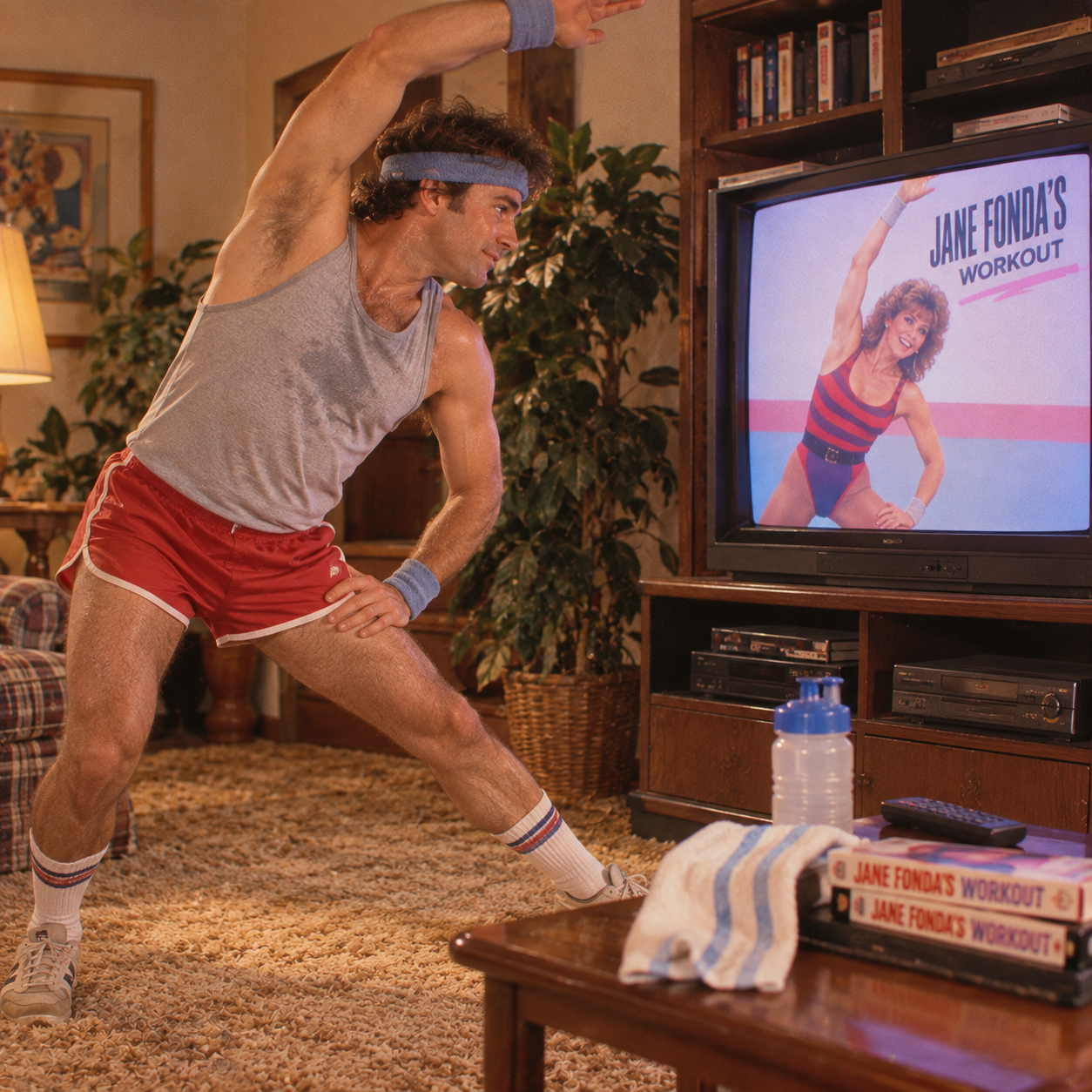 A man in workout clothes follows an exercise routine from a Jane Fonda workout VHS playing on a TV in a cozy living room. Exercise gear and VHS tapes are on the coffee table.