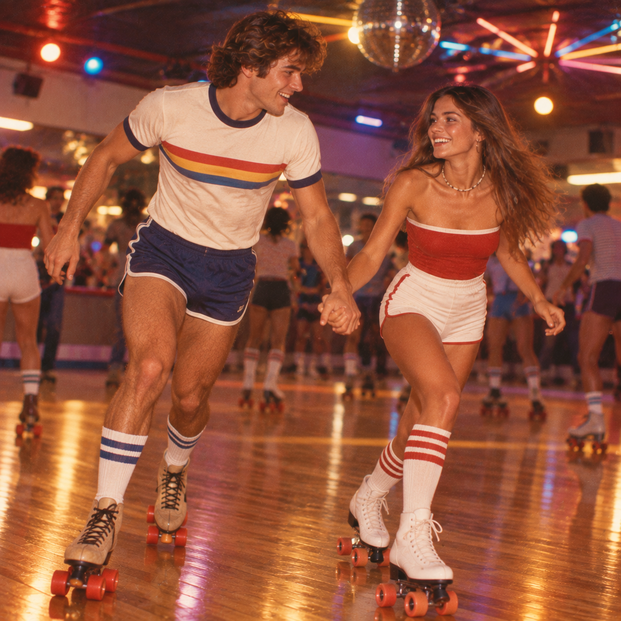 A smiling man and woman in retro athletic wear roller skate hand-in-hand at a lively, colorful roller rink with neon lights and a disco ball overhead.