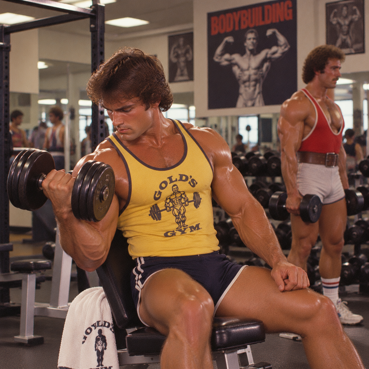 Two muscular men lift weights in a gym. One, in a yellow Gold’s Gym tank top, does bicep curls on a bench. The other, in a red tank top, stands behind him. Bodybuilding posters hang on the wall.