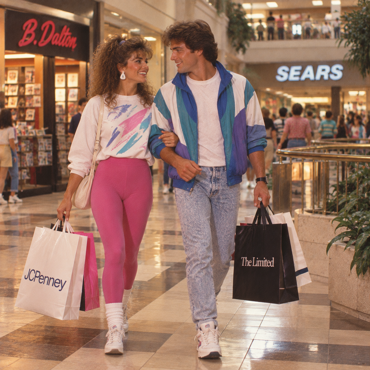 A smiling couple in colorful 1980s outfits walks in a mall carrying shopping bags from JCPenney and The Limited, with storefronts and shoppers visible in the background.