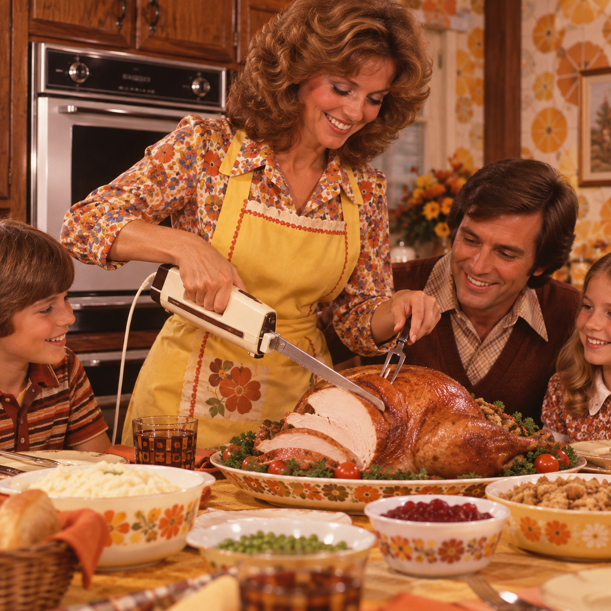 A woman uses an electric knife to carve a roast turkey at a dining table, surrounded by smiling family members, with various dishes and autumn-themed kitchen decor.