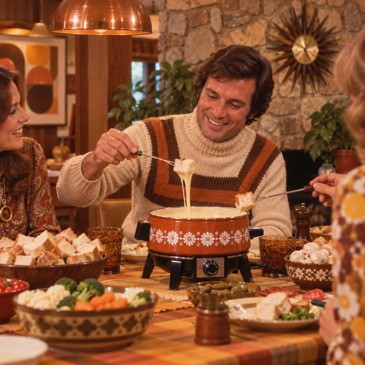 Three people sit at a retro table enjoying cheese fondue. One man dips bread into a floral-patterned fondue pot, surrounded by vegetables and bread. The room has warm lighting and vintage decor.