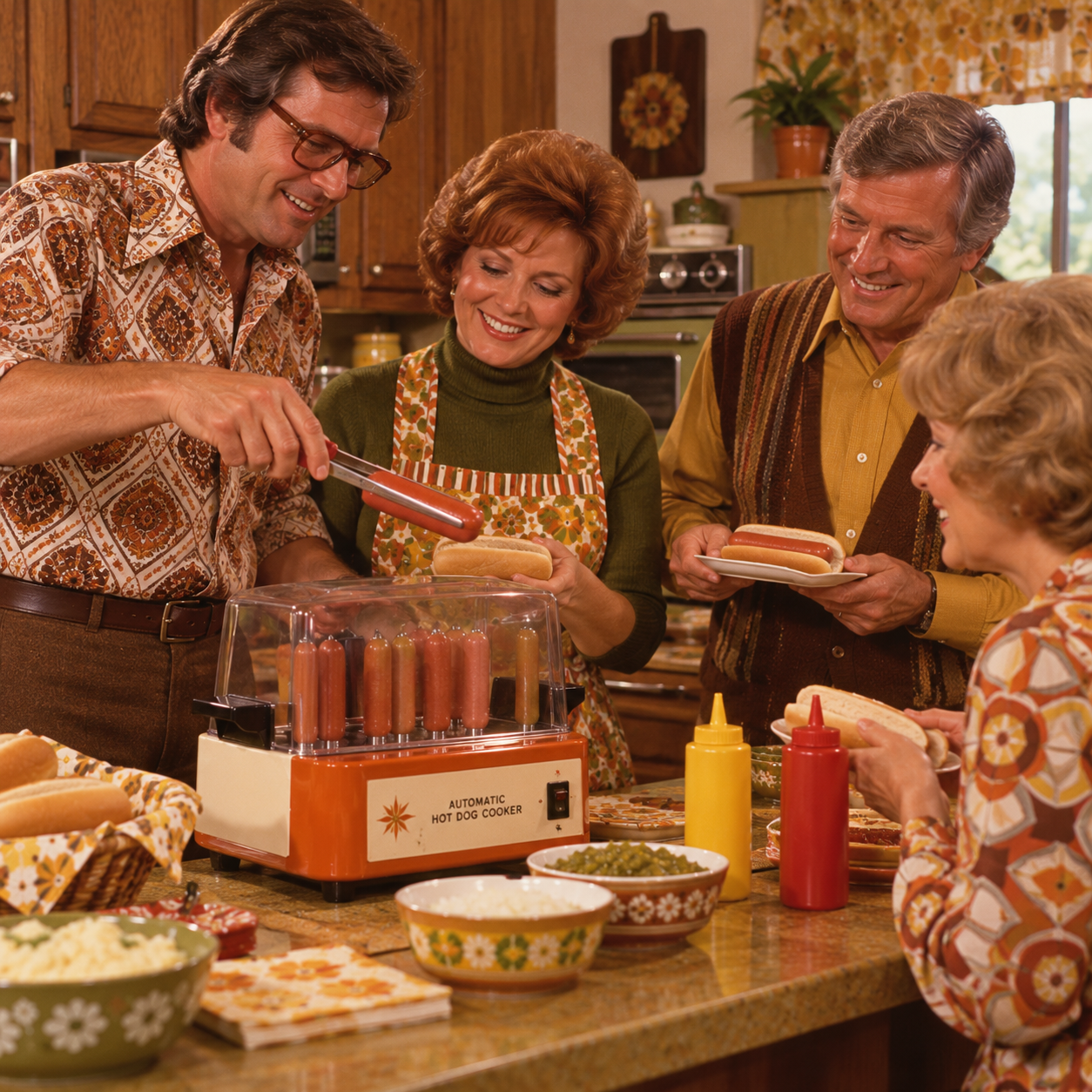 Four adults in retro clothing smile while preparing hot dogs in a vintage kitchen, using an automatic hot dog cooker. Bowls of food and condiments are on the counter. The mood is cheerful and nostalgic.