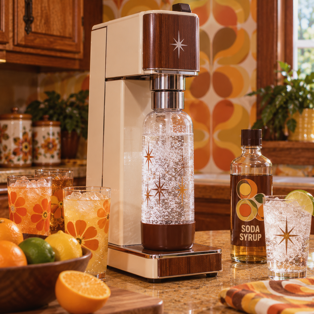 A retro soda maker carbonates water in a star-patterned bottle on a kitchen counter, surrounded by glasses of fizzy drinks, fruit, and a bottle labeled “Soda Syrup.” The background features 1970s-style orange floral decor.