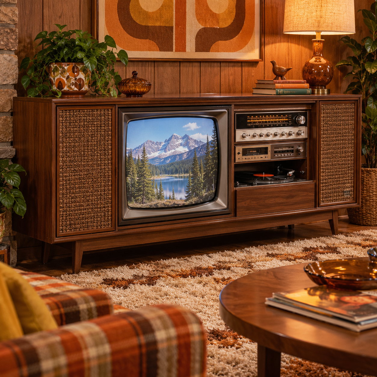 A vintage wooden console TV and stereo set displays a mountain scene. Retro decor, plants, a lamp, and patterned art complete the cozy, mid-century living room with plaid furniture and a shaggy rug.