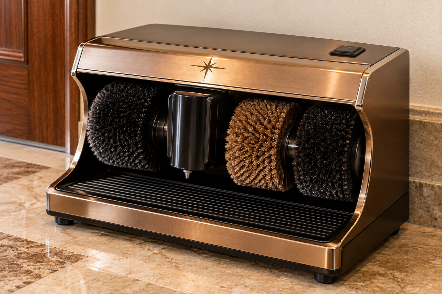 A bronze electric shoe polisher with three rotating brushes sits on a tiled floor near a wooden door and a marble wall.