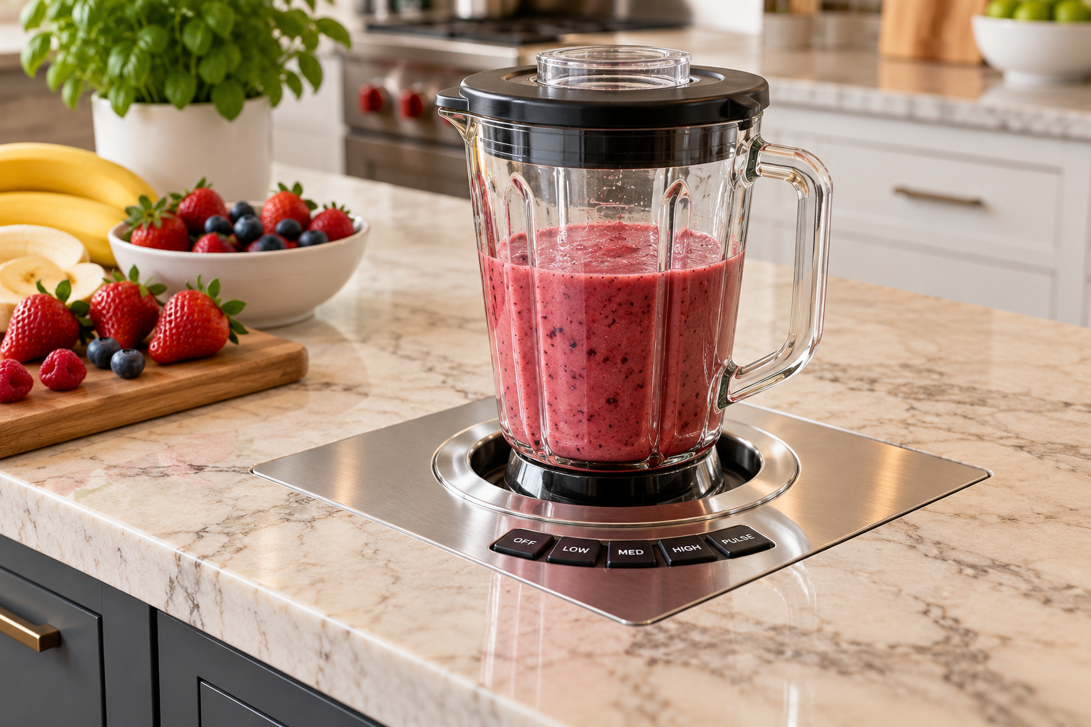 A blender filled with pink smoothie sits on a kitchen counter. Strawberries, blueberries, and bananas are on a cutting board and in a bowl nearby. The kitchen is modern with a marble countertop.