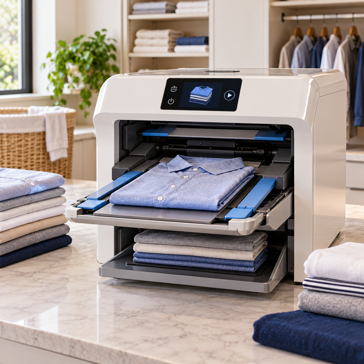 A machine automatically folds shirts and places them in neat stacks on a kitchen counter, with folded laundry and clothes on shelves visible in the background.