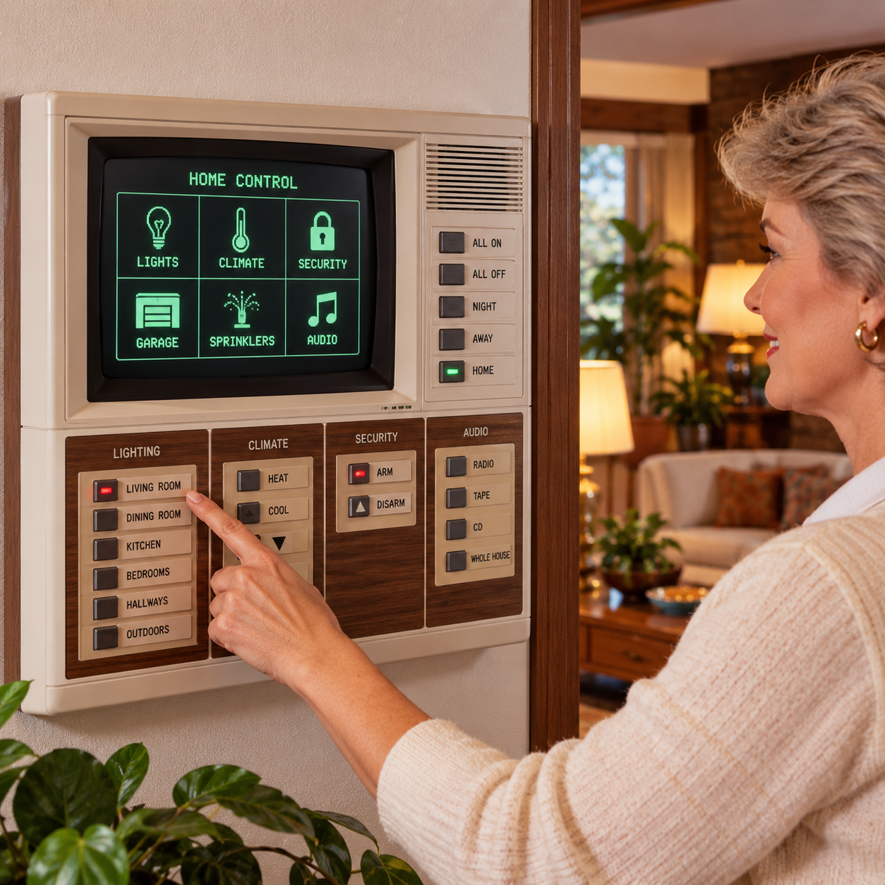 A woman uses a retro-style home control panel with green digital displays to manage lights, climate, security, garage, sprinklers, and audio in a cozy living room setting.
