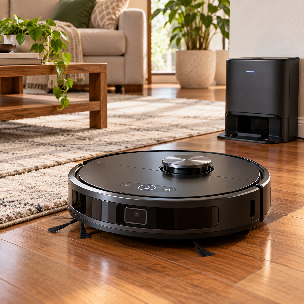A black robot vacuum cleaner moves across a wooden floor in a cozy living room, with a rug, coffee table, and green plants in the background. A charging dock sits against the wall.