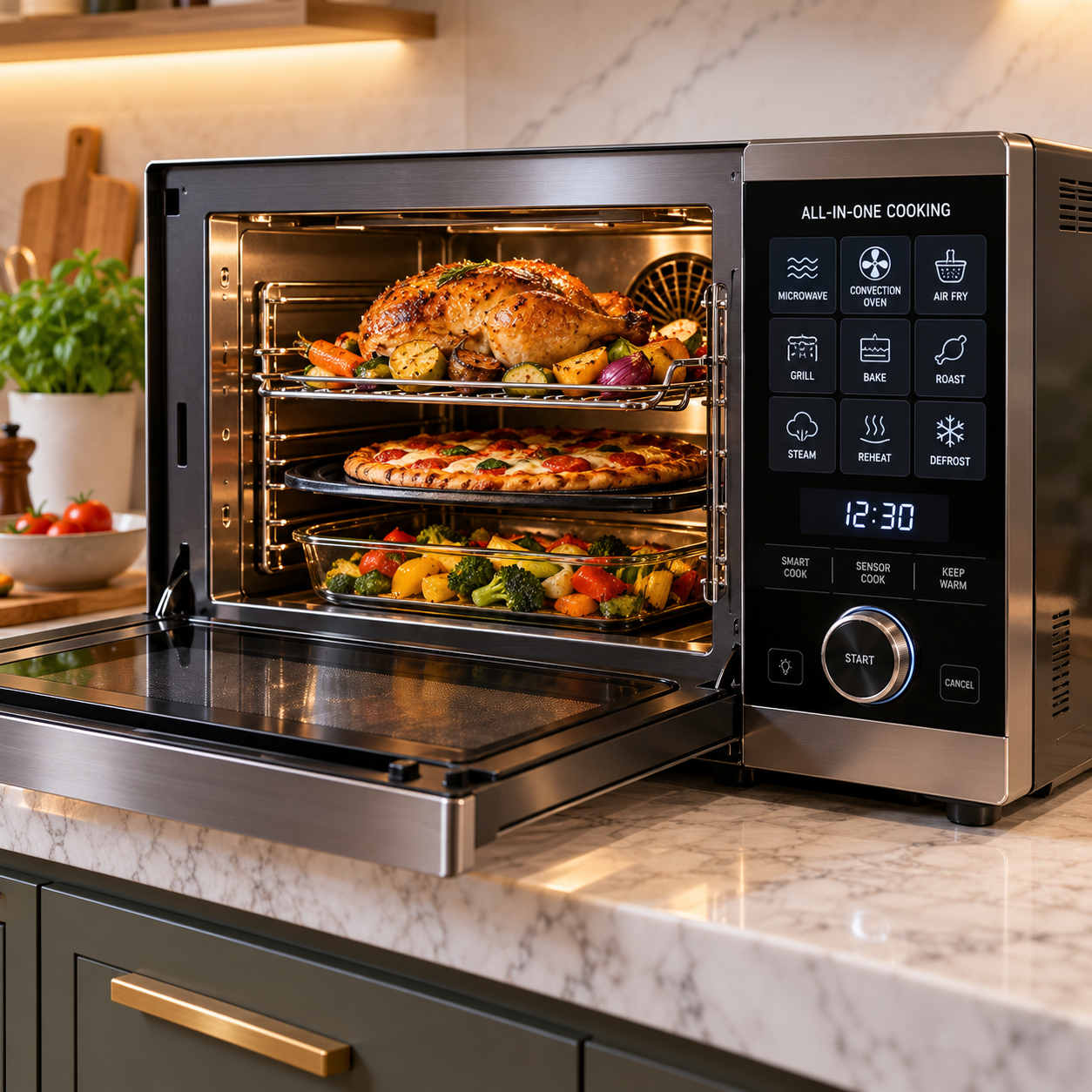 A modern countertop oven with digital controls is open, showing a roasted chicken, a pizza, and mixed vegetables cooking on different racks. The oven sits on a marble kitchen counter with fresh ingredients nearby.
