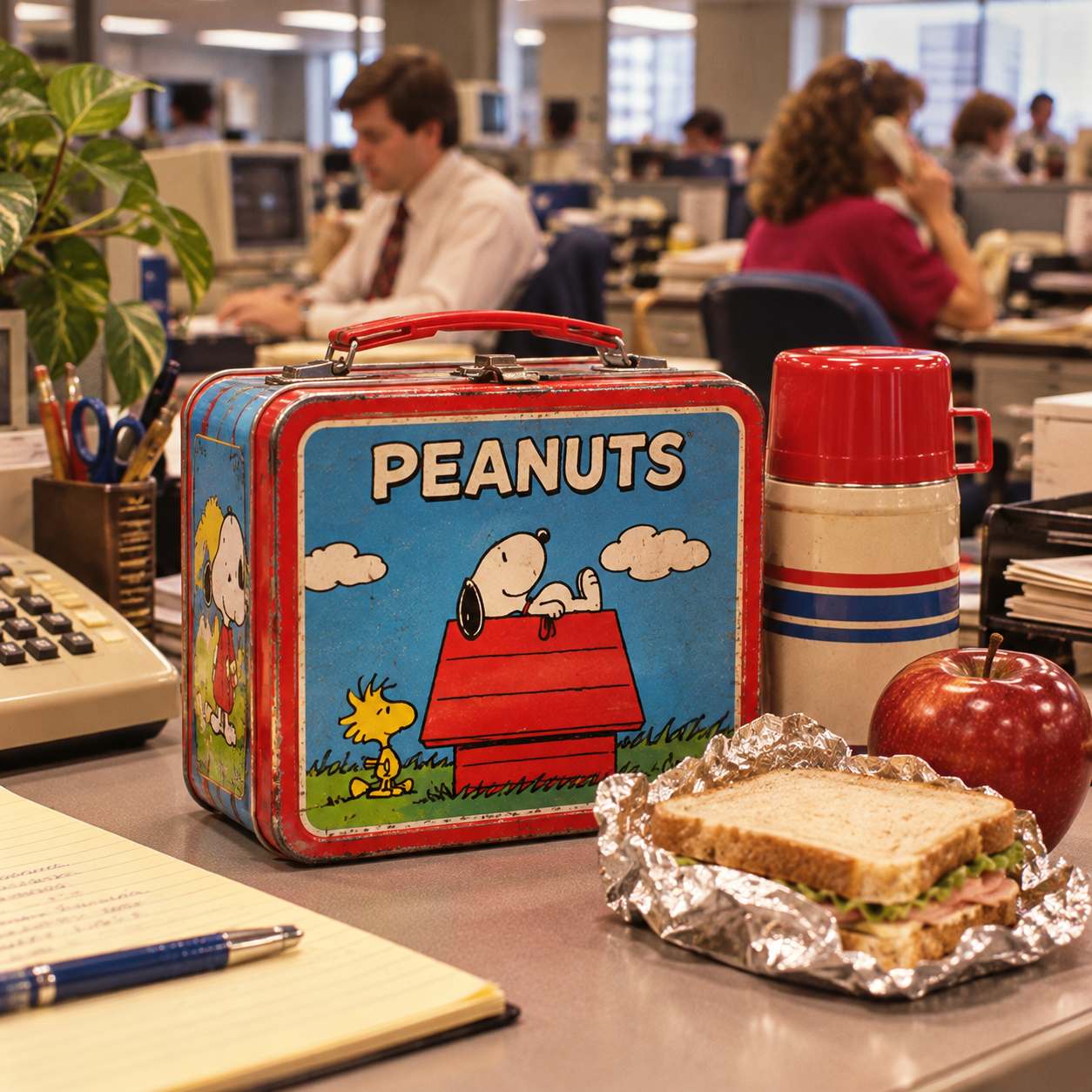 A Peanuts lunchbox and matching thermos sit on an office desk with a sandwich, a red apple, a notepad, and a plant. Busy office workers and computers are visible in the background.