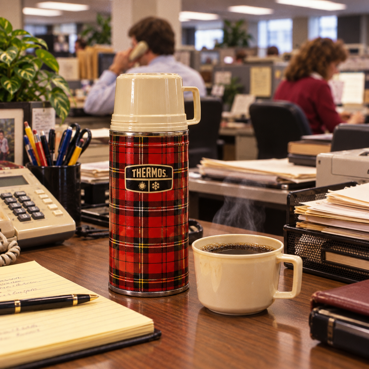 A red plaid Thermos and a steaming cup of coffee sit on an office desk cluttered with papers, pens, and a phone; coworkers work in the background in an open-plan office.