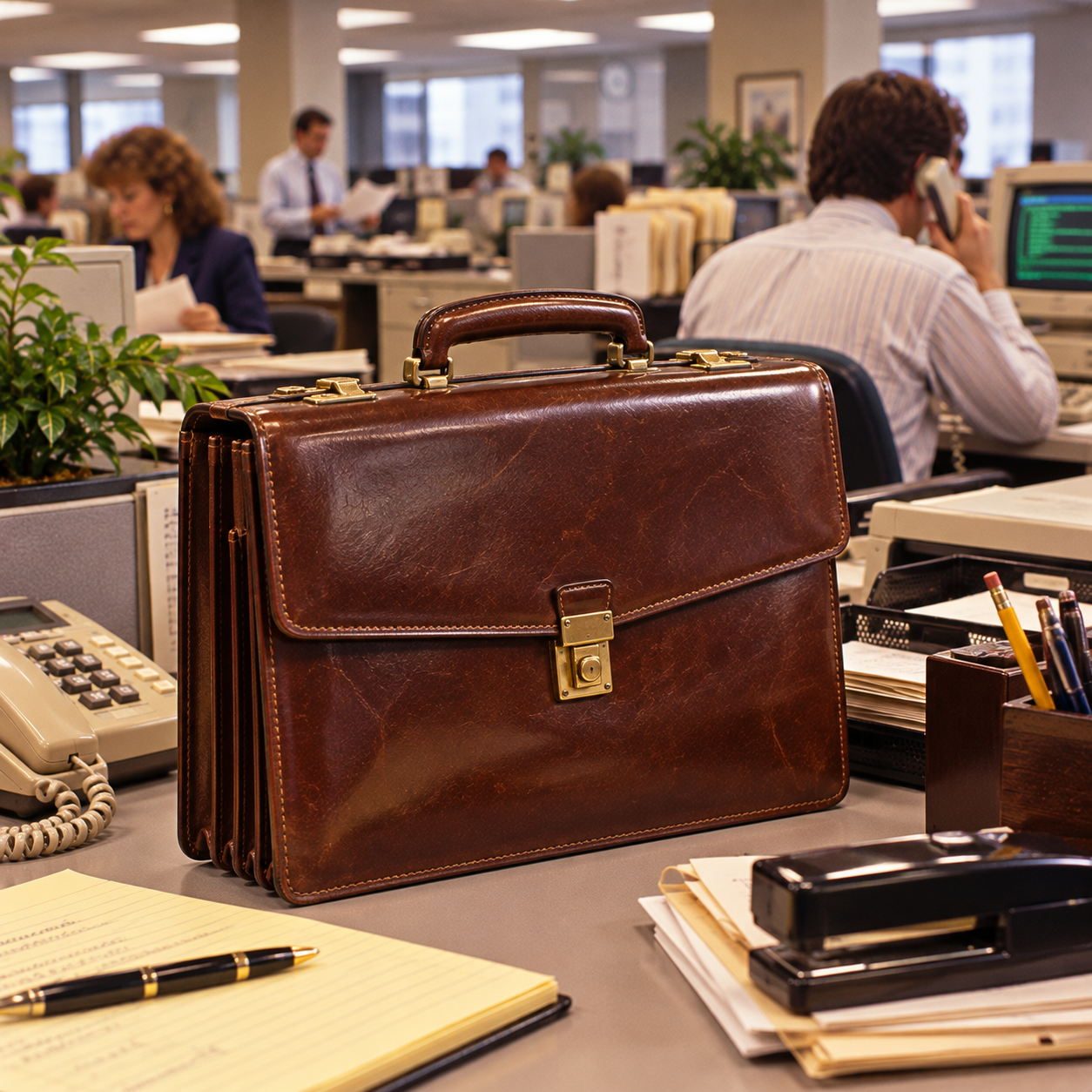 A brown leather briefcase sits on an office desk surrounded by papers, a stapler, a calculator, and a phone in a busy office with people working at computers in the background.