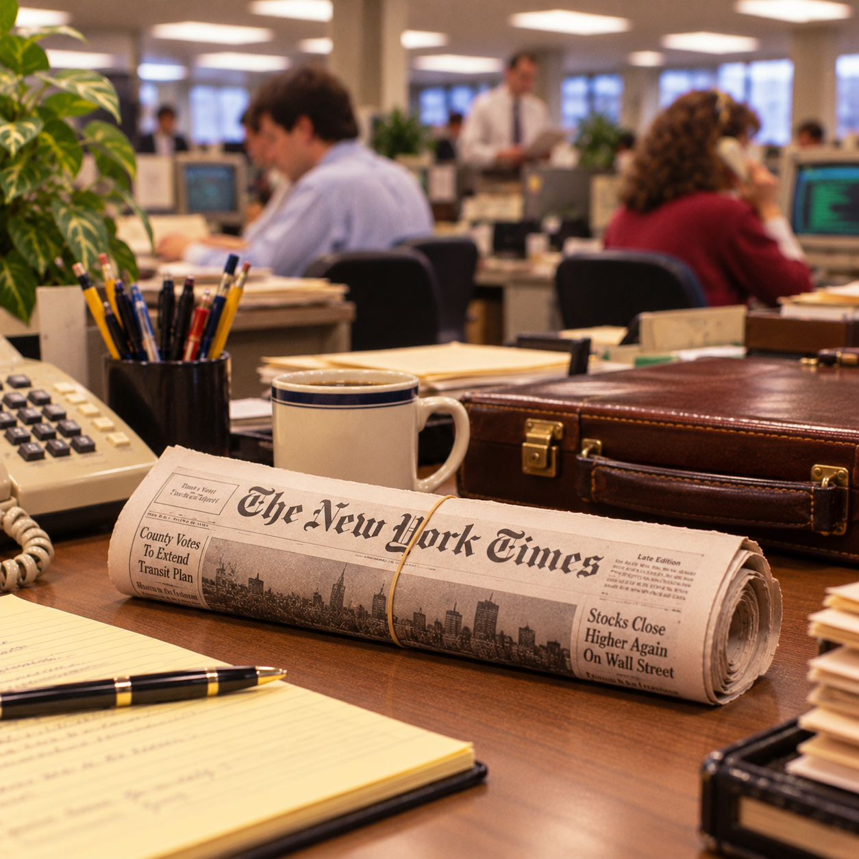 A rolled-up New York Times newspaper, coffee mug, and office supplies sit on a desk in a busy office with people working at computers in the background.