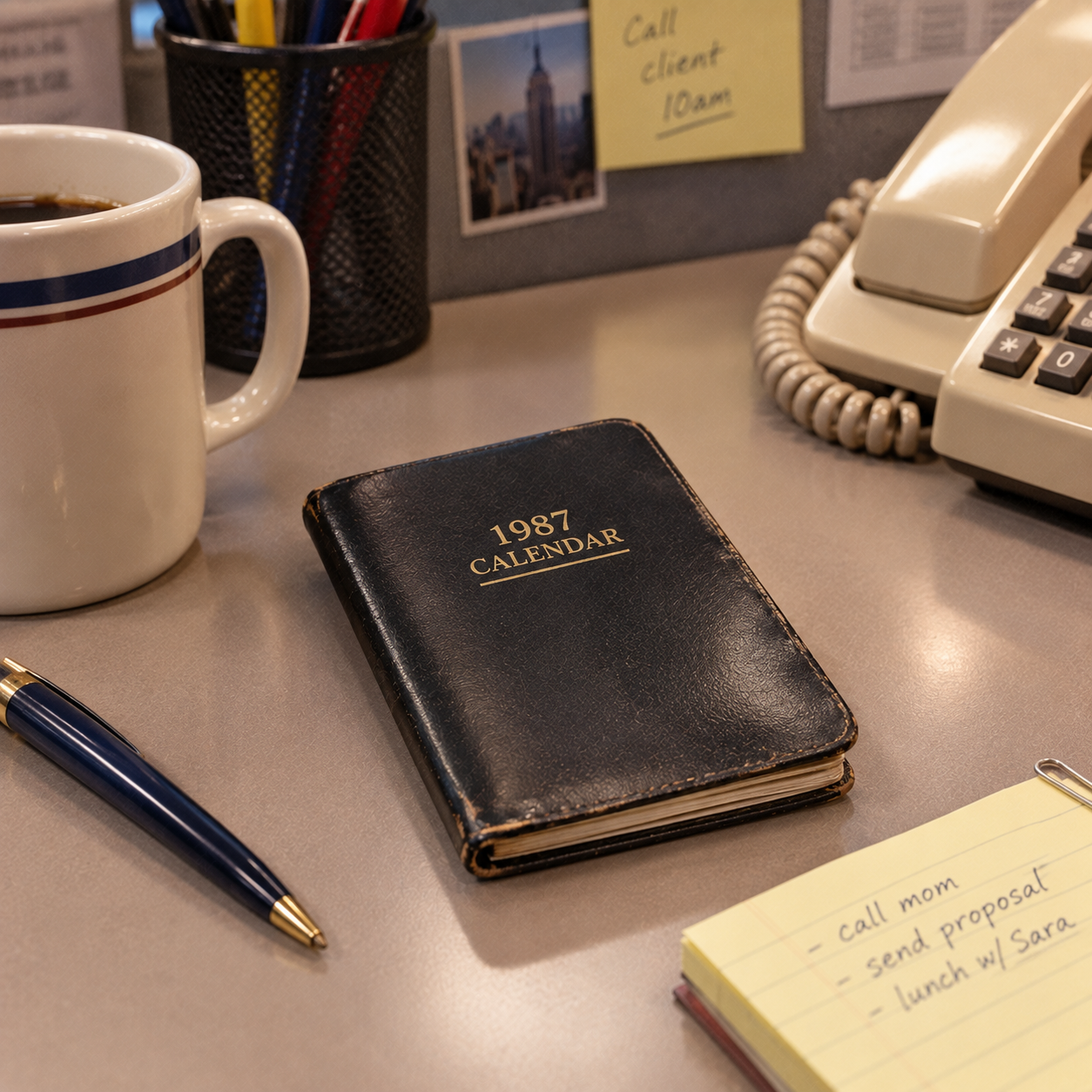 A 1987 calendar sits on a desk with a pen, coffee cup, notepad, and office phone nearby. Sticky notes and pens are in the background, creating a vintage office scene.