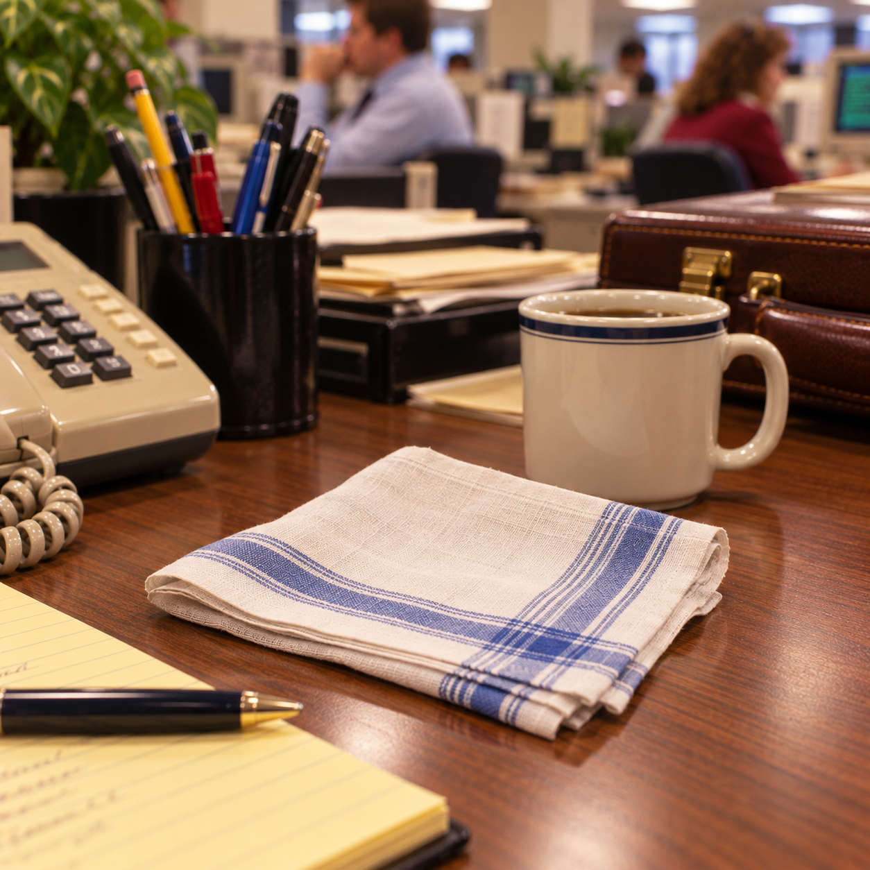 A desk with a folded handkerchief, coffee mug, pens, notepad, rotary phone, and briefcase; people work at computers in the background.