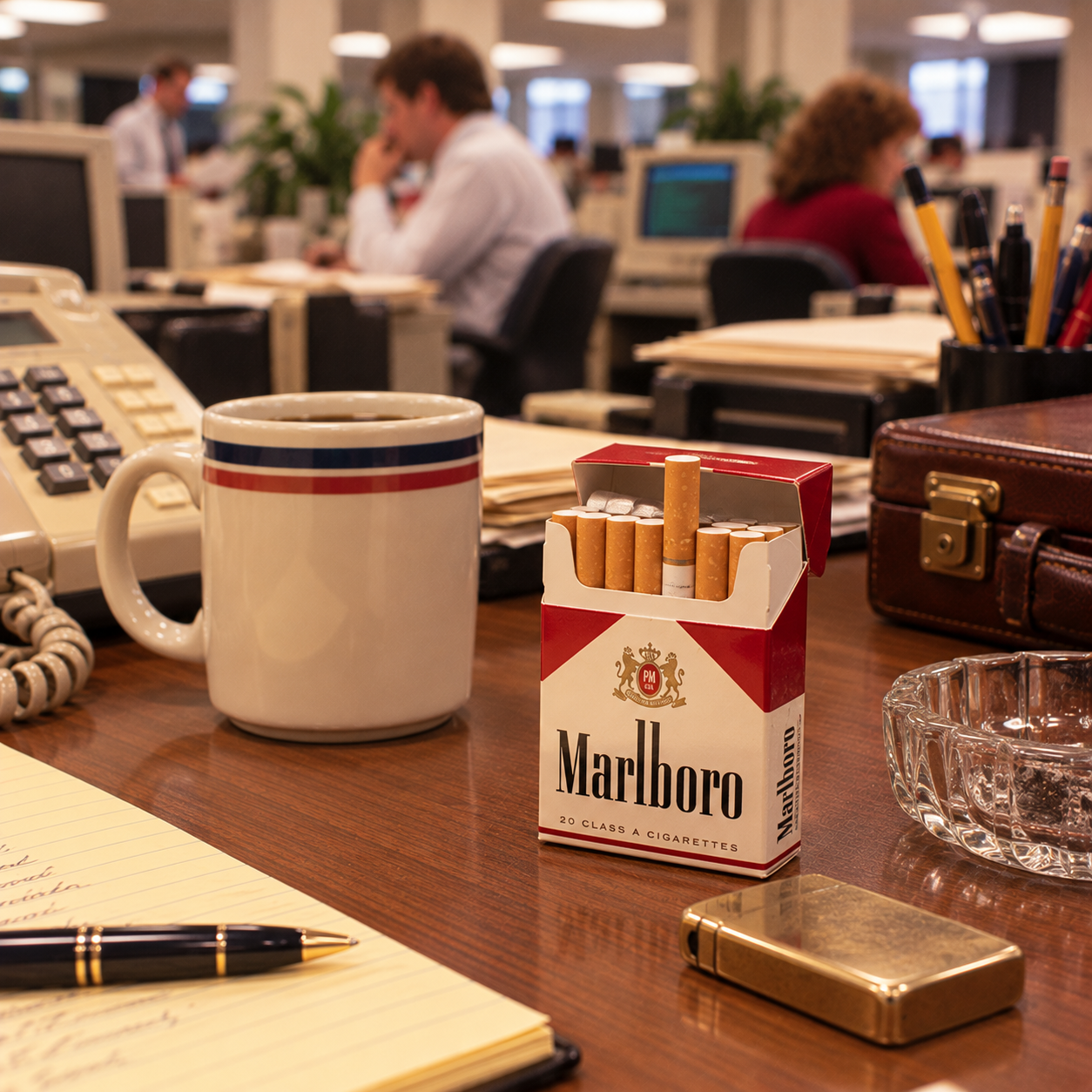 A pack of Marlboro cigarettes, a mug, an ashtray, a lighter, and office supplies sit on a cluttered desk in a busy office with people working in the background.