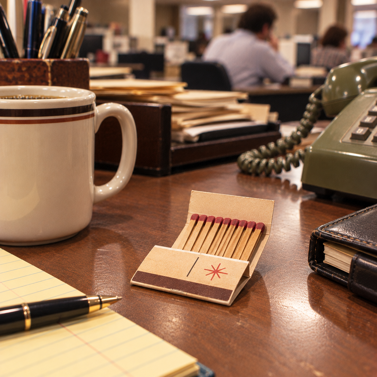 A desk with a coffee mug, pen on a yellow notepad, open matchbook, and a rotary phone. Office workers sit at desks in the background.