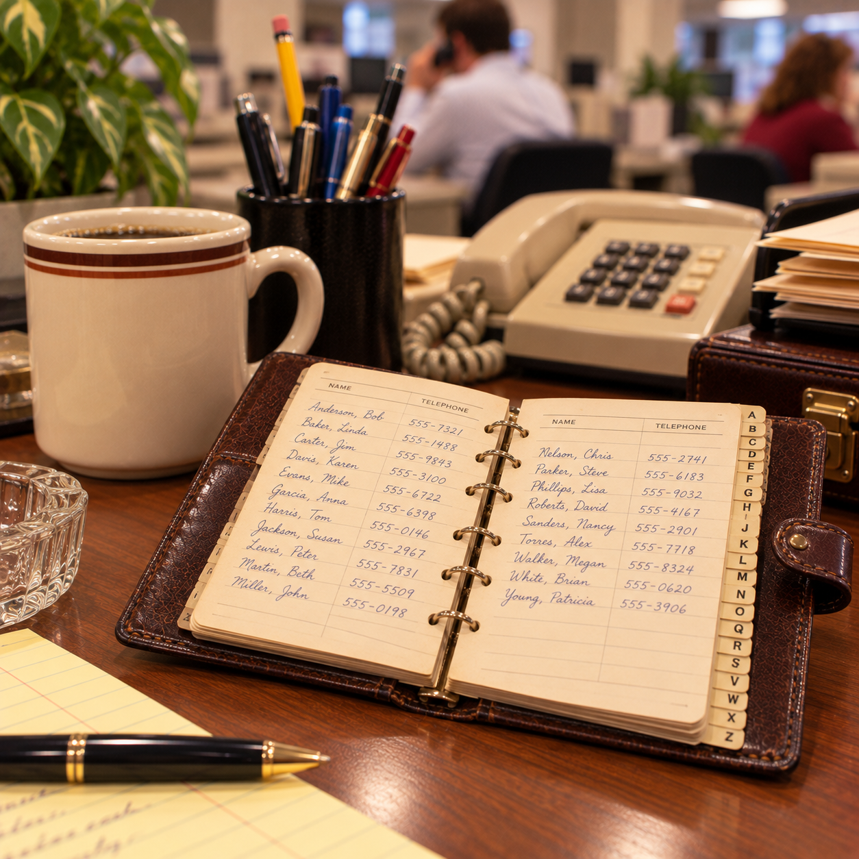 An open address book shows names and phone numbers on a desk with a coffee mug, pens, notepad, and office supplies. Blurred people work in the background.