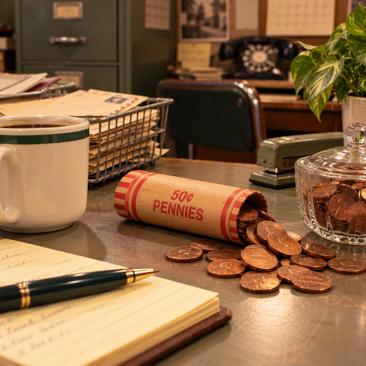 A desk scene with a cup of coffee, a notepad and pen, a spilled roll of pennies, a glass jar of coins, and office supplies, set in a vintage office.