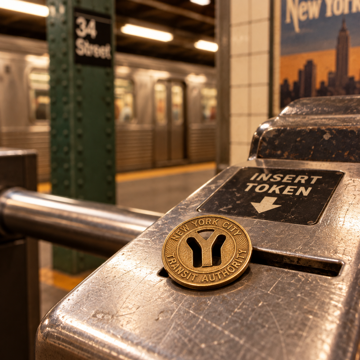 A New York City Transit Authority token rests on a subway turnstile labeled “INSERT TOKEN,” with a subway train and a “34 Street” sign visible in the blurred background.