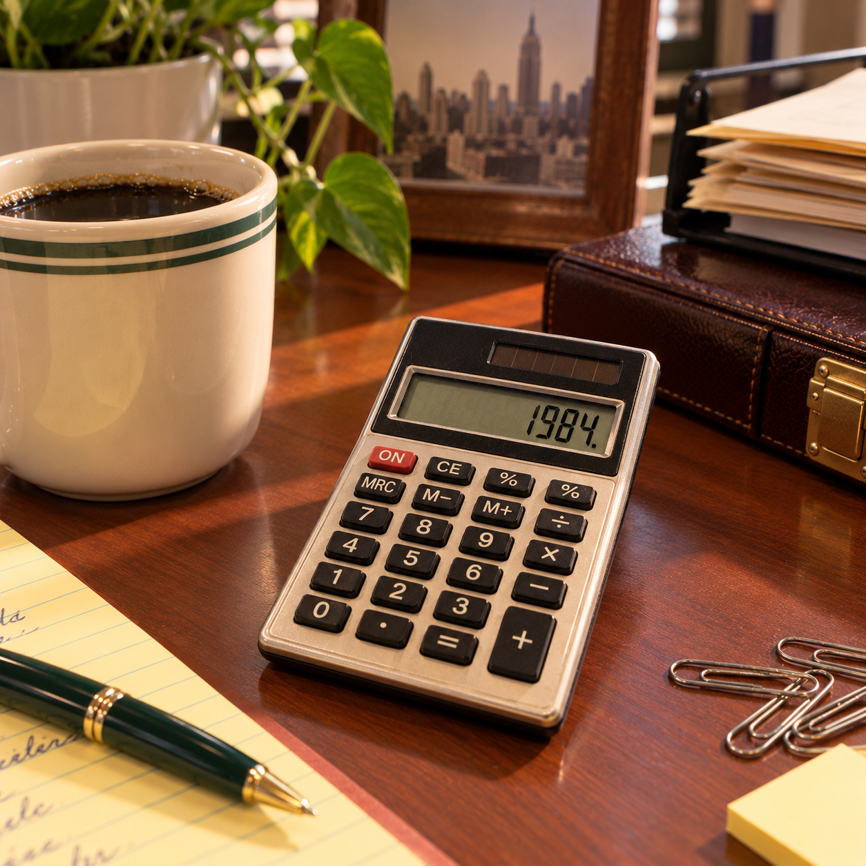 A calculator displaying 1984 sits on a wooden desk with a cup of coffee, yellow notepad, pen, paper clips, folders, and a framed photo in the background, next to a green plant.