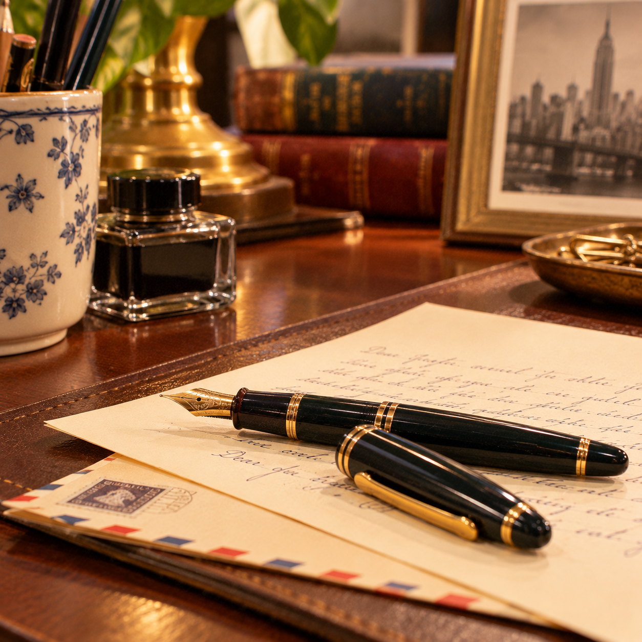 A black and gold fountain pen rests on handwritten letters atop a wooden desk, with books, an ink bottle, and a framed city photo in the background.