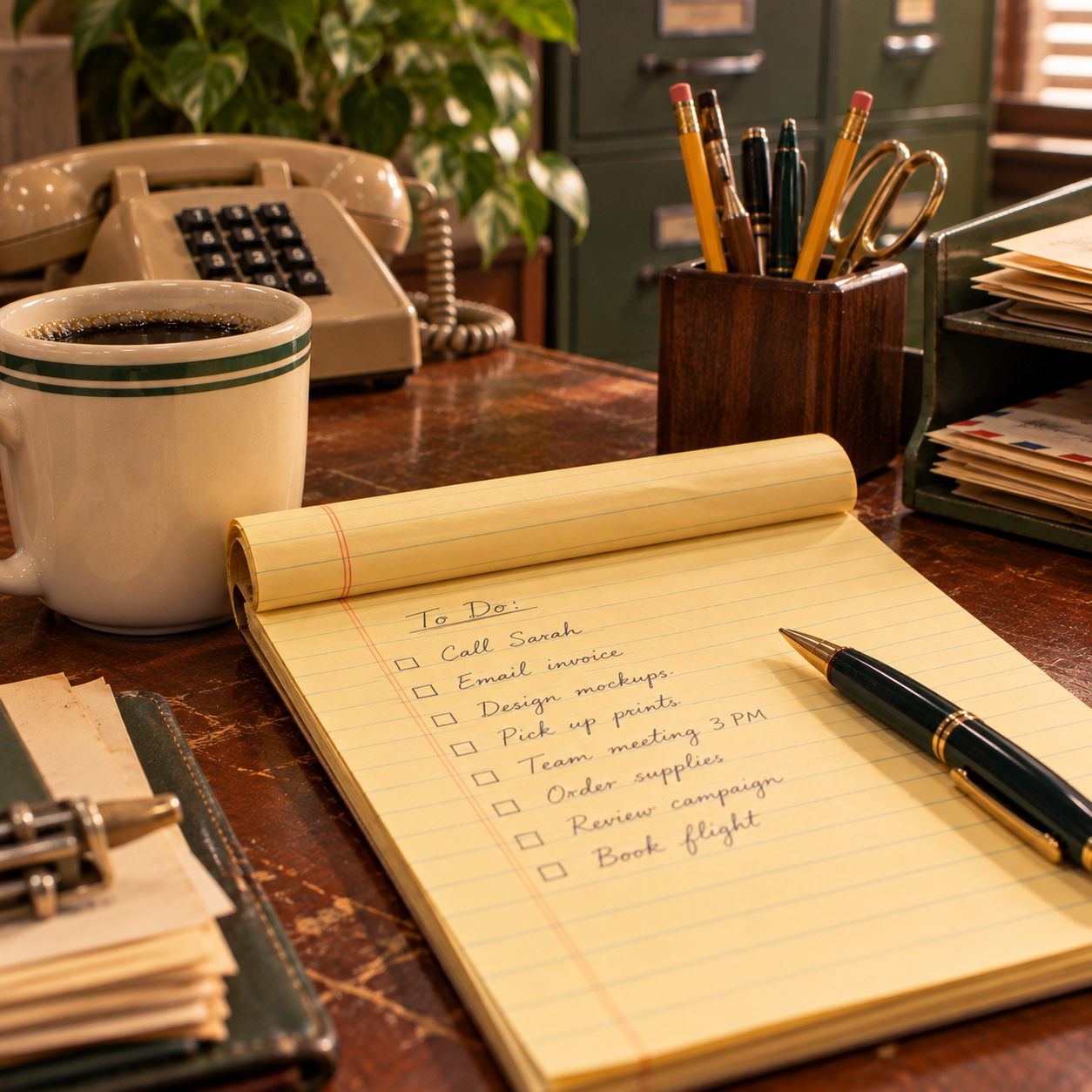 A yellow notepad with a handwritten to-do list sits on a desk with a pen, coffee mug, rotary phone, pencils, and folders. Sunlight shines on the workspace, giving a warm, vintage feel.