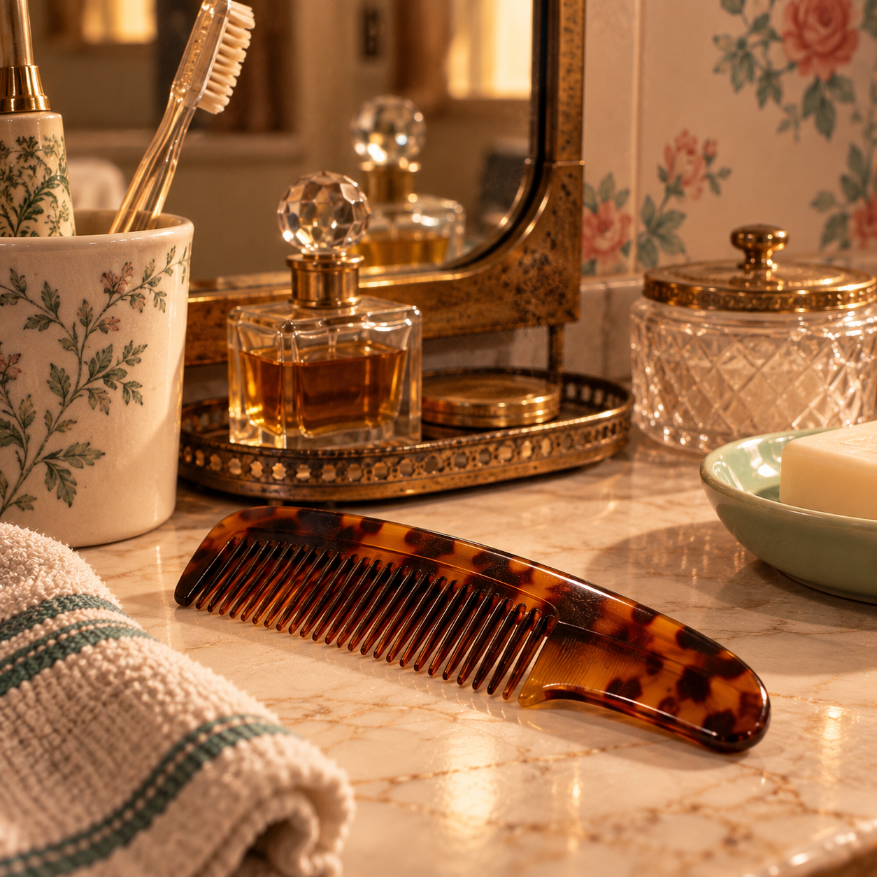 A tortoiseshell comb on a marble bathroom counter with a towel, toothbrushes in a floral cup, a perfume bottle, a soap dish with soap, and a decorative jar under warm lighting.