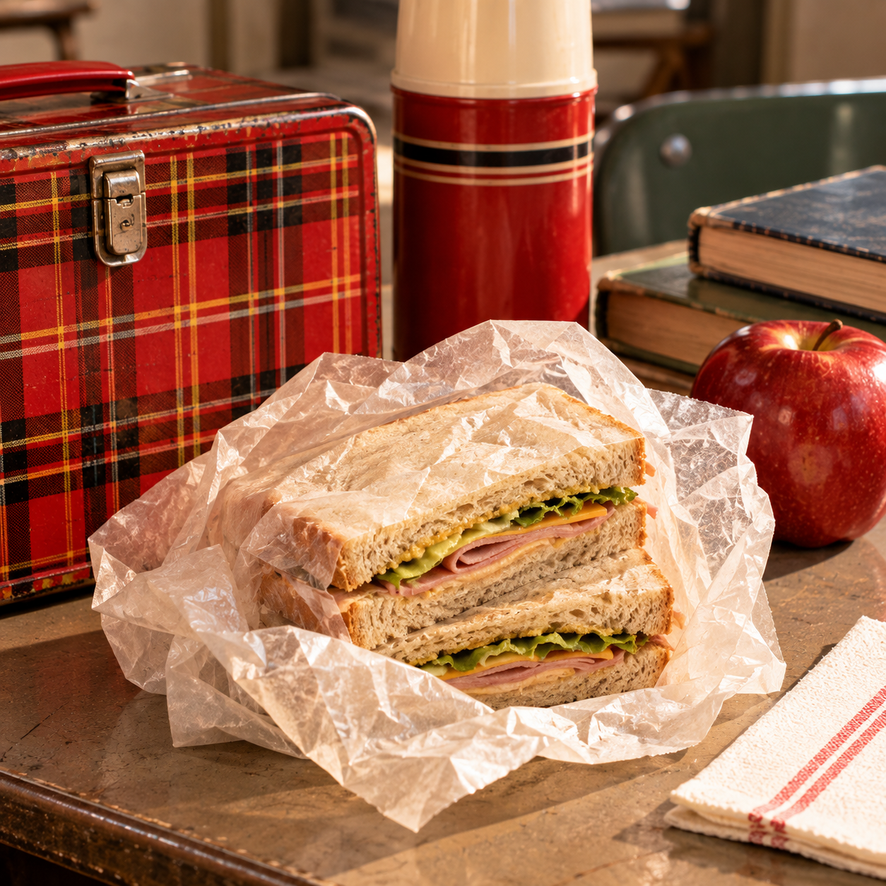 A ham and lettuce sandwich in wax paper sits on a desk with a red plaid lunchbox, red thermos, apple, books, and a folded napkin nearby.