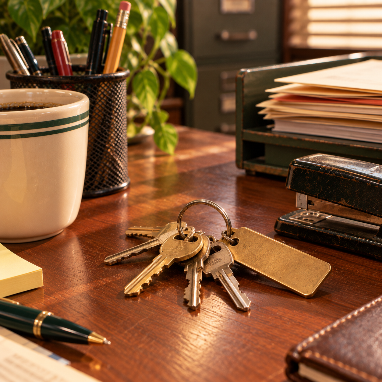A set of keys on a keyring rests on a wooden desk beside a cup of coffee, a stapler, a pen, stacked papers, a plant, and a cup holding pens and pencils. Sunlight streams through partially closed blinds.