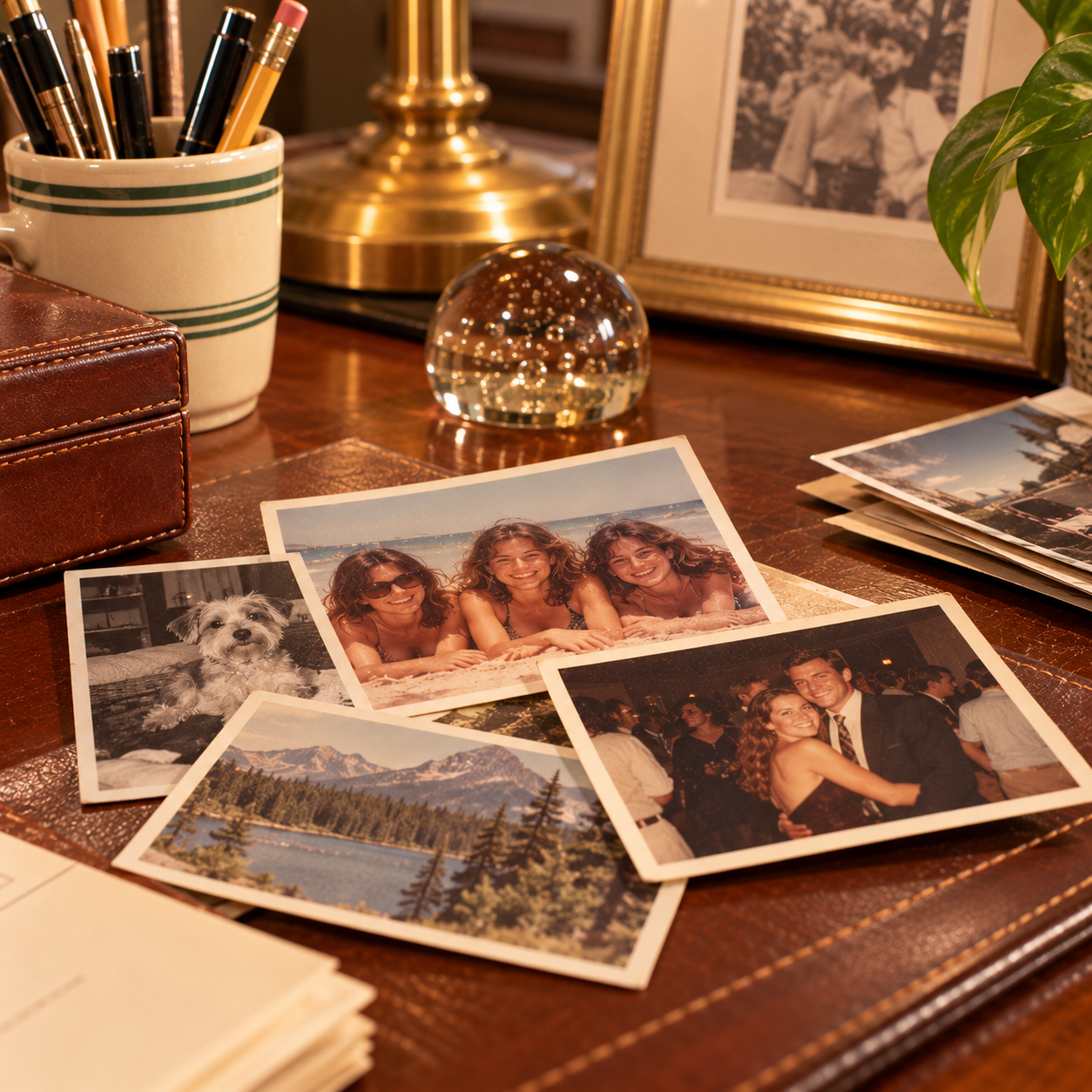 A wooden desk with assorted family photos, including a dog, three women at the beach, a mountain lake, and a smiling couple. Office supplies and a framed portrait also appear in the background.
