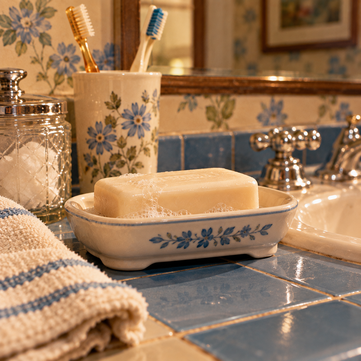 A bar of soap with bubbles in a floral soap dish sits on a tiled bathroom sink next to a towel, a jar with cotton balls, and a cup holding two toothbrushes.