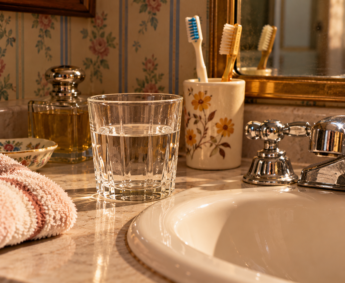 A glass of water sits on a bathroom counter near a sink, with a towel, a toothbrush holder containing toothbrushes, a soap dish, and a perfume bottle visible. Sunlight shines on the countertop.
